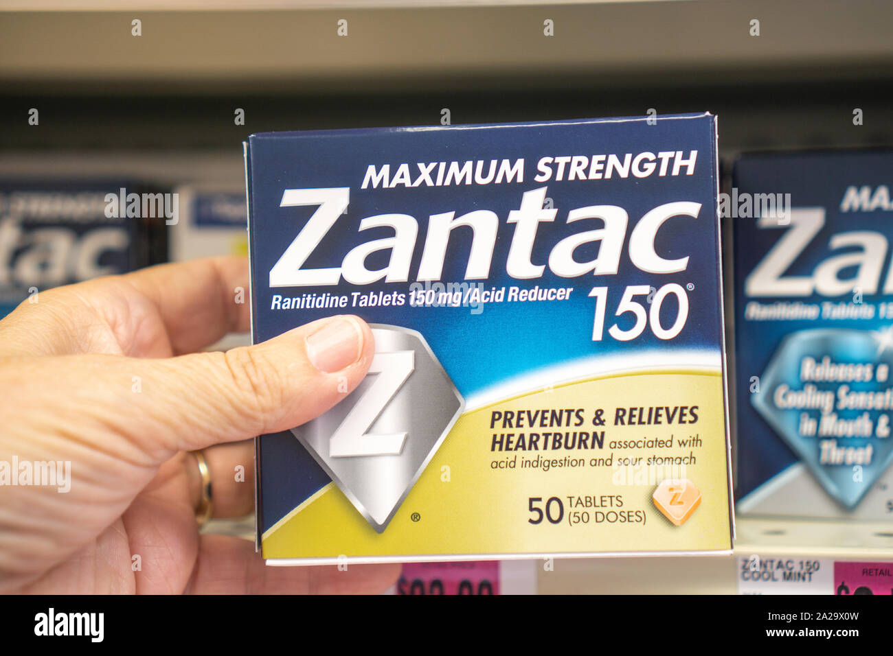 September 15, 2019, Berks County, Pennsylvania: Over the counter Zantac used for acid reflux and heartburn, according to FDA may contain carcinogen. Stock Photo