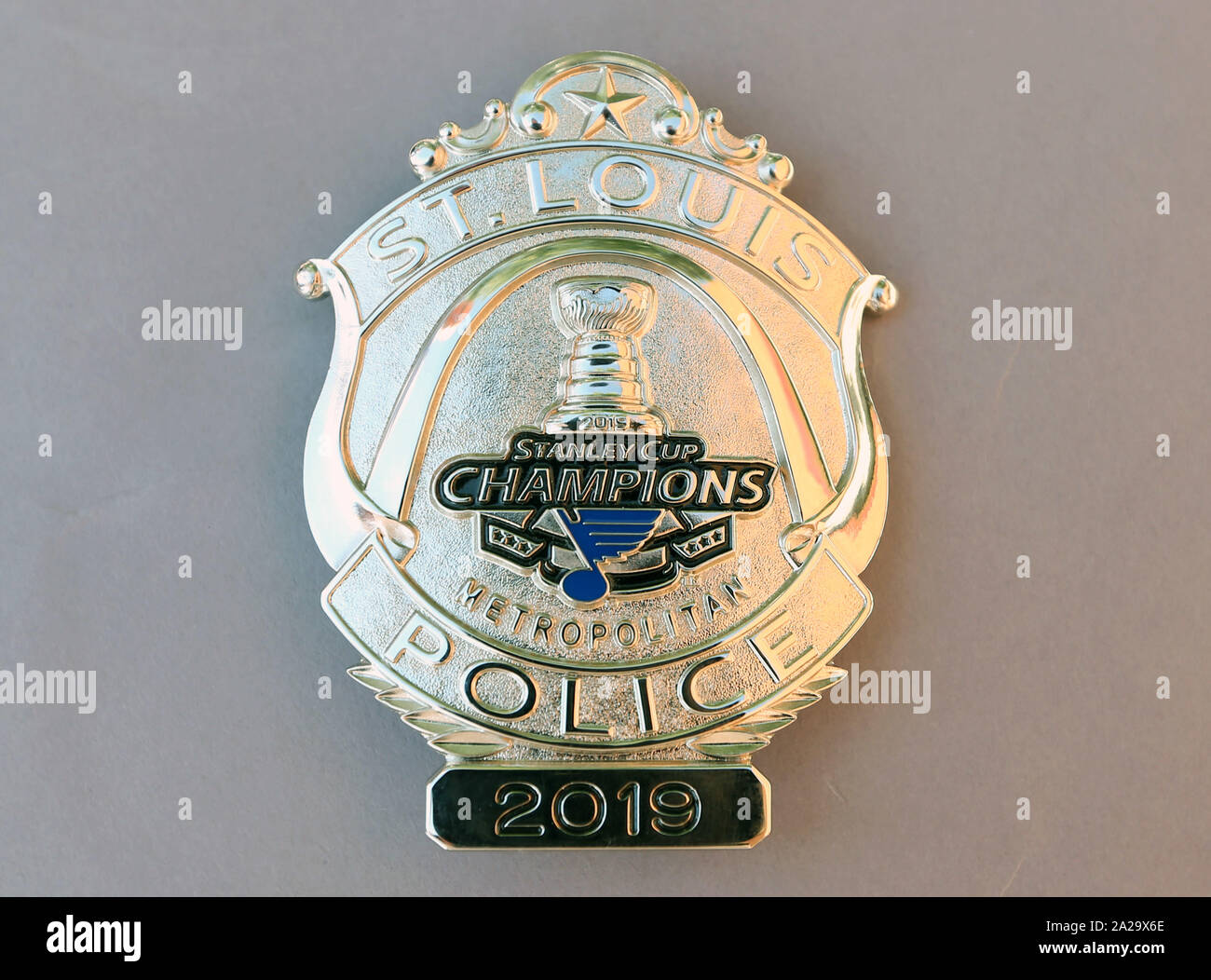 St. Louis, United States. 01st Oct, 2019. Nearly 1300 St. Louis policemen will be wearing a new badge to support the St. Louis Blues winning the Stanley Cup, it was revealed on October 1, 2019. The National Hockey League has given the St. Louis Metropolitian Police Department permission to make the comemorative badge that they may wear unitl June 1, 2020. The St. Louis Blues defeated the Boston Bruins in the Stanley Cup finals in June to win the franchise's first Stanley Cup. Photo by Bill Greenblatt/UPI Credit: UPI/Alamy Live News Stock Photo