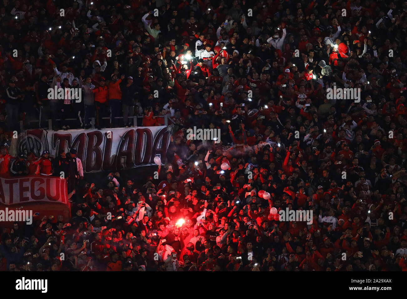Buenos Aires, Argentina - Octobet 01, 2019: River Plate fans cheering the team in the match River - Boca for the libertadores cup 2019 in Buenos Aires Stock Photo