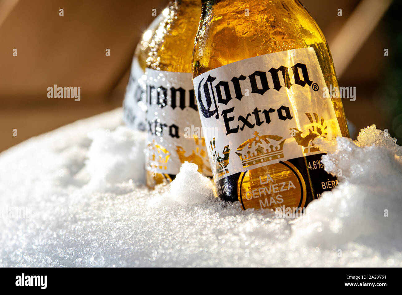 Corona beer with ice snow close up Stock Photo