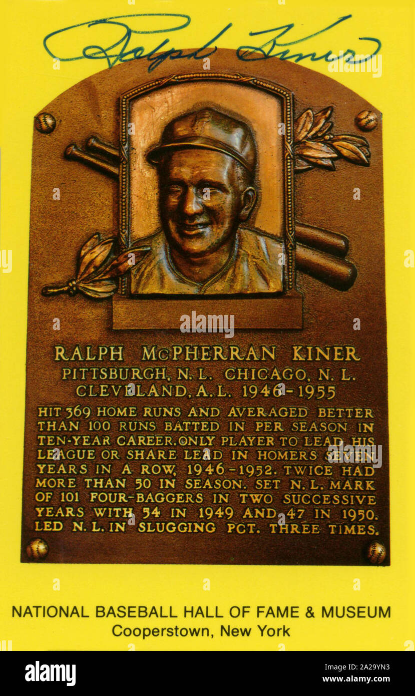 National Baseball Hall of Fame autographed souvenir postcard depicting plaque of Ralph Kiner. Stock Photo