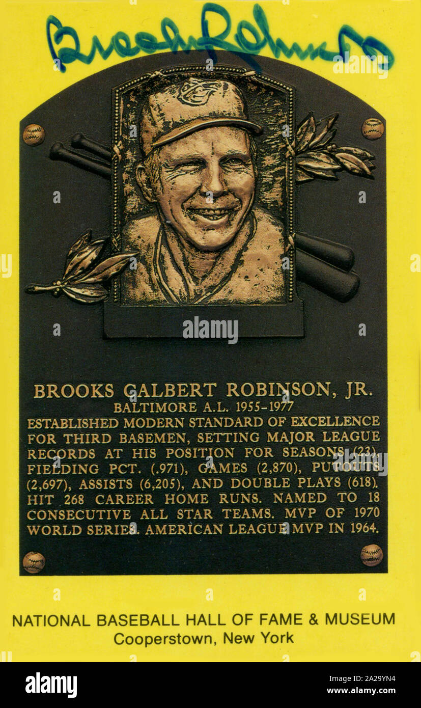 National Baseball Hall of Fame autographed souvenir postcard depicting plaque of Brooks Robinson. Stock Photo