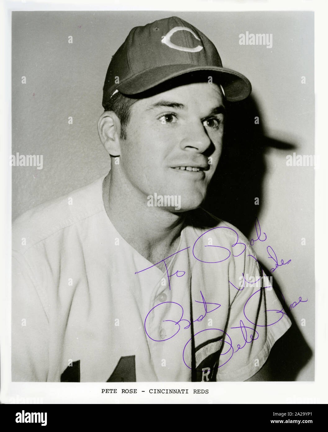 Autographed picture of Pete Rose with the Cincinnati Reds. Stock Photo