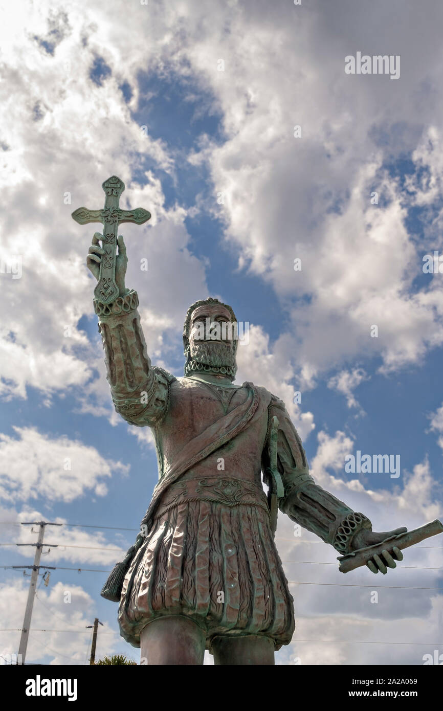 Statue of Juan Ponce de Leon, the discoverer of Florida by artist Rafael Picon in Melbourne Beach, Florida. Ponce de Leon landed near this site in 1513 and claimed Florida for the Spanish Empire. Stock Photo