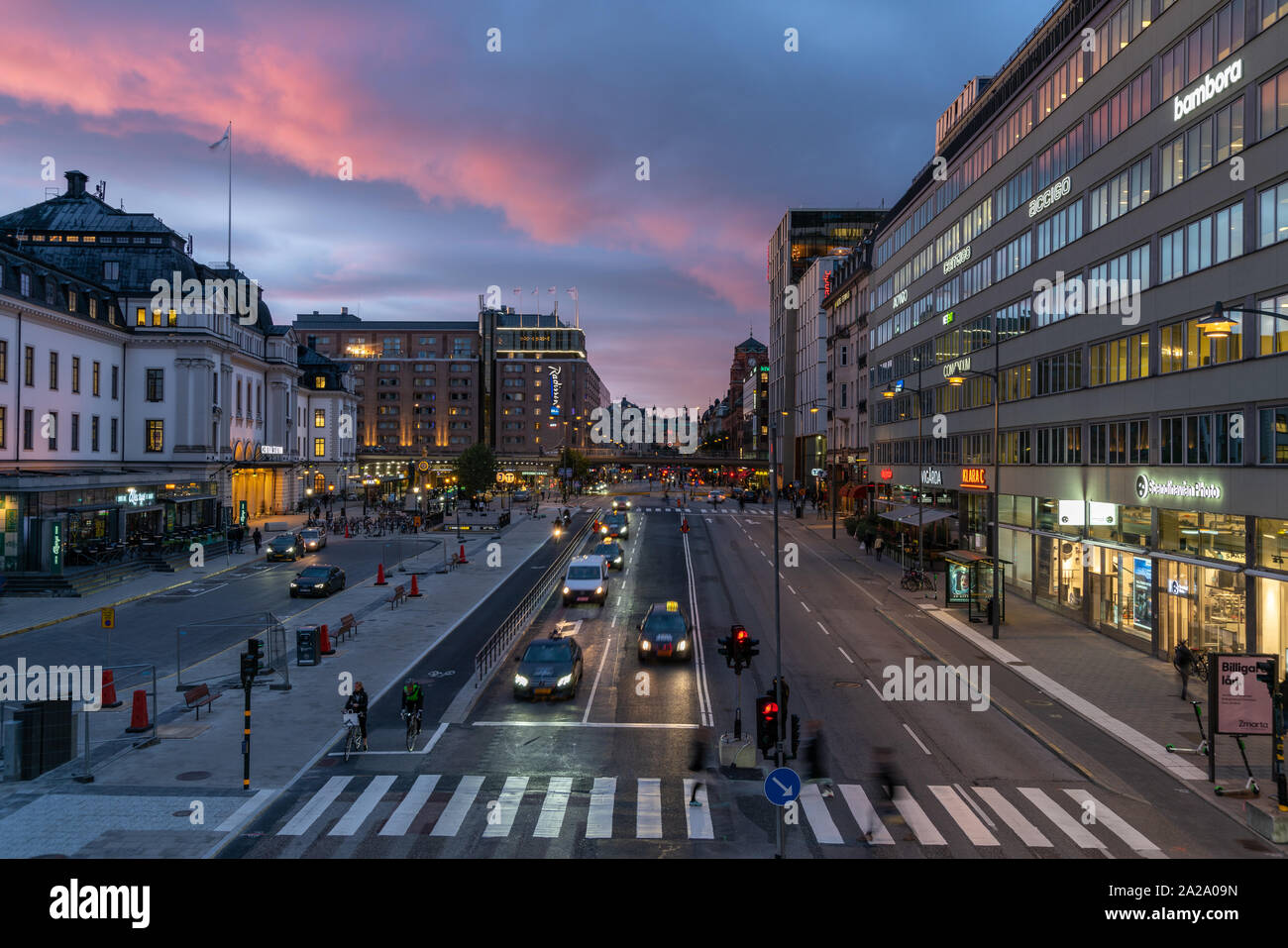 streetview of Stockholm city center near t-Centralen at dusk Stock Photo