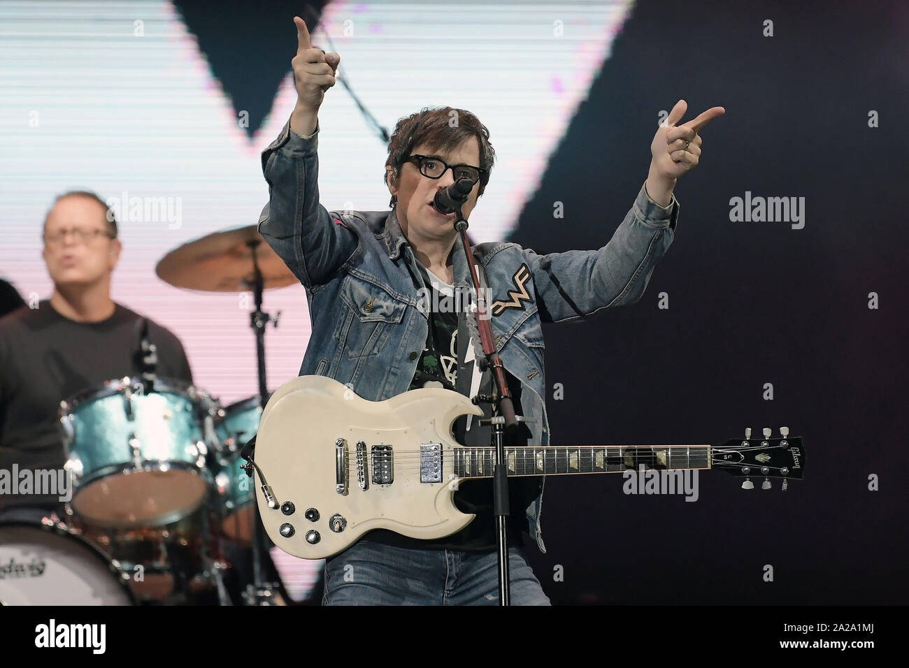 Rio de Janeiro, Brazil, September 29, 2019. Vocalist and Guitarist Rivers Cuomo of the band Weezer during a concert at Rock in Rio in Rio de Janeiro. Stock Photo