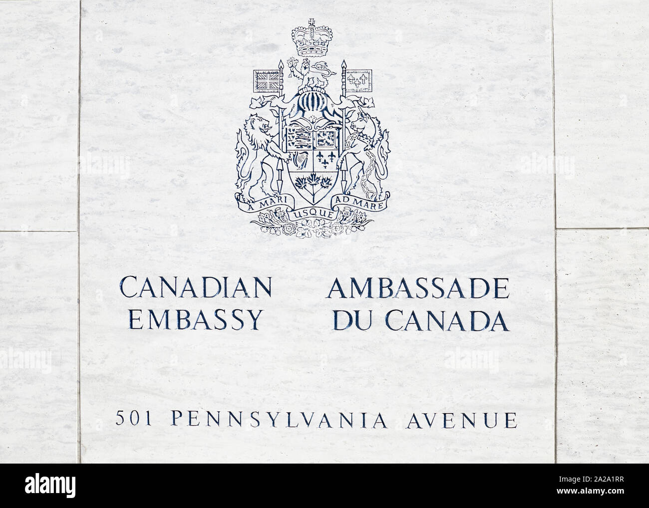 Washington DC, USA - September 18, 2019: Sign on the wall of the Canadian Embassy Stock Photo