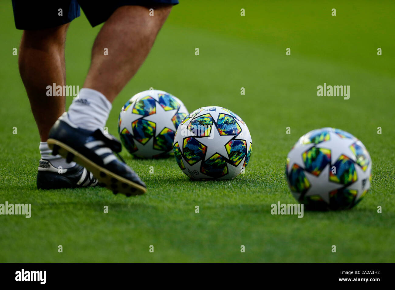 Madrid, Spain. 01st Oct, 2019. The UEFA Champions League match balls of the game between Real Madrid and Club Brugge seen at Santiago Bernabeu Stadium in Madrid.(Final score: Real Madrid 2:2 Club Brugge) Credit: SOPA Images Limited/Alamy Live News Stock Photo