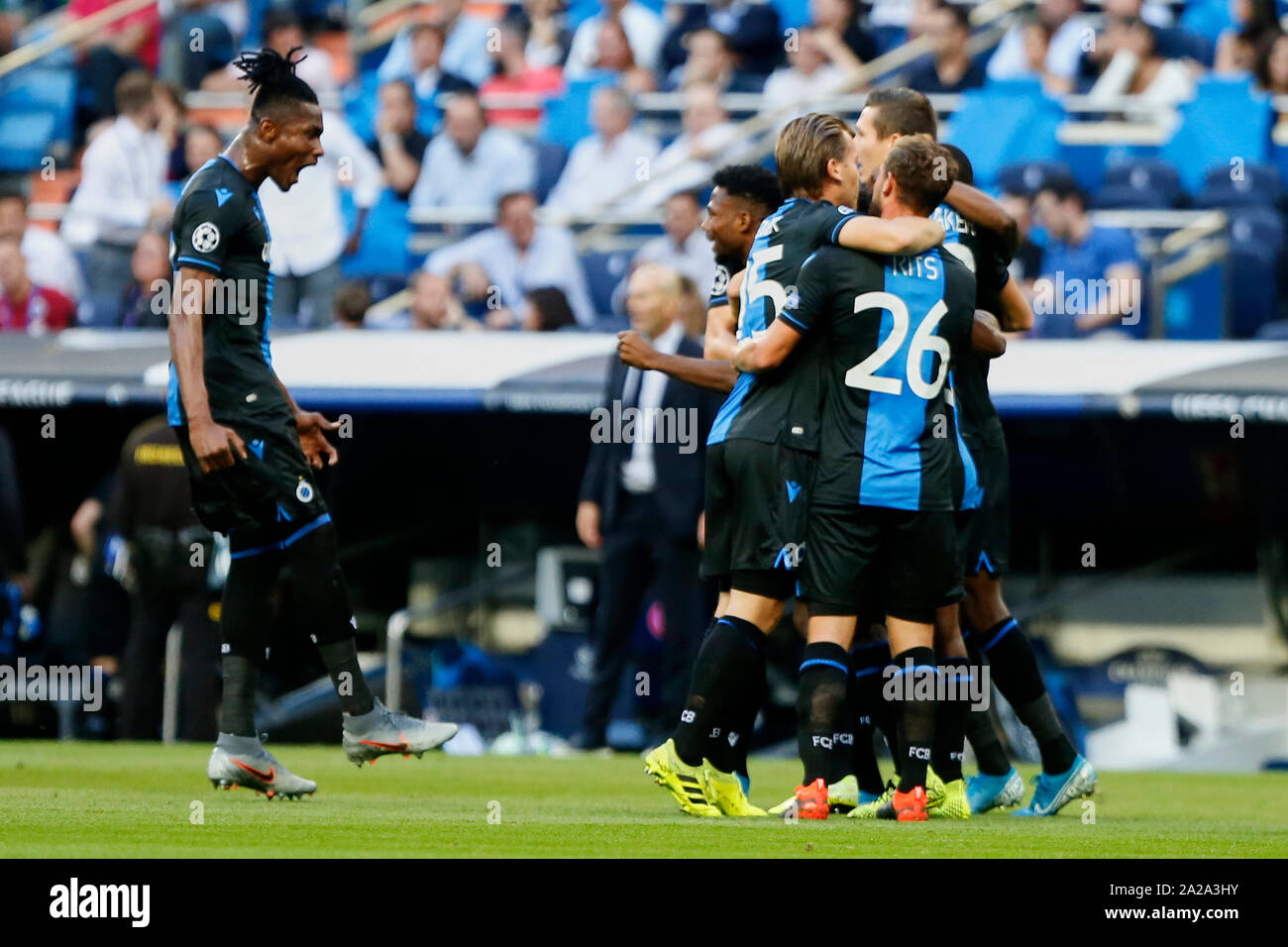 Madrid, Spain. 01st Oct, 2019. Players of Club Brugge celebrate during the UEFA Champions League match between Real Madrid and Club Brugge at Santiago Bernabeu Stadium in Madrid.(Final score: Real Madrid 2:2 Club Brugge) Credit: SOPA Images Limited/Alamy Live News Stock Photo