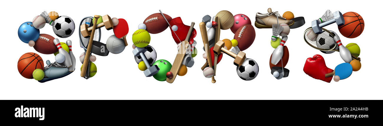 Sports text made with sport objects and fitness equipment with a football basketball baseball soccer tennis and golf ball and hockey. Stock Photo