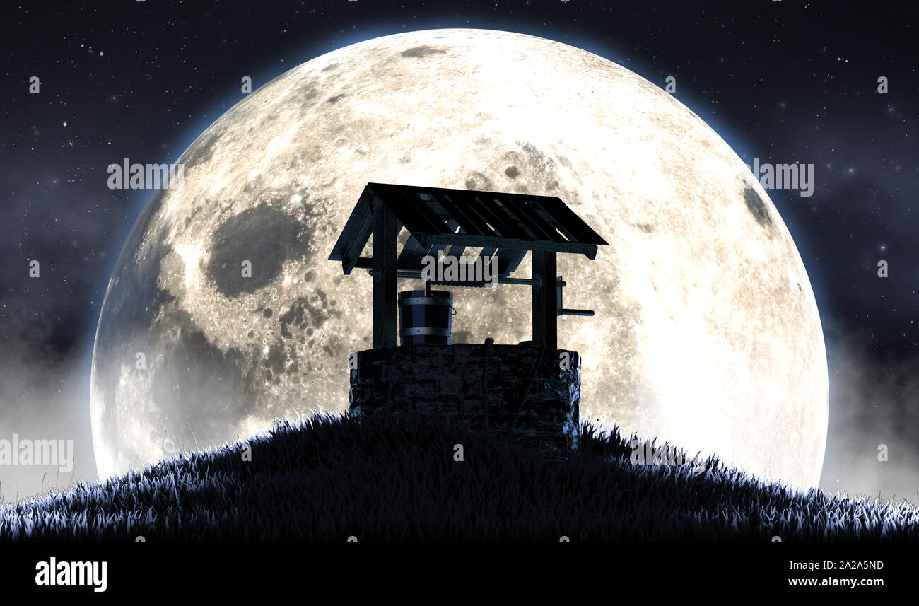 A concept image showing an old wishing well on a grassy hill at night ...