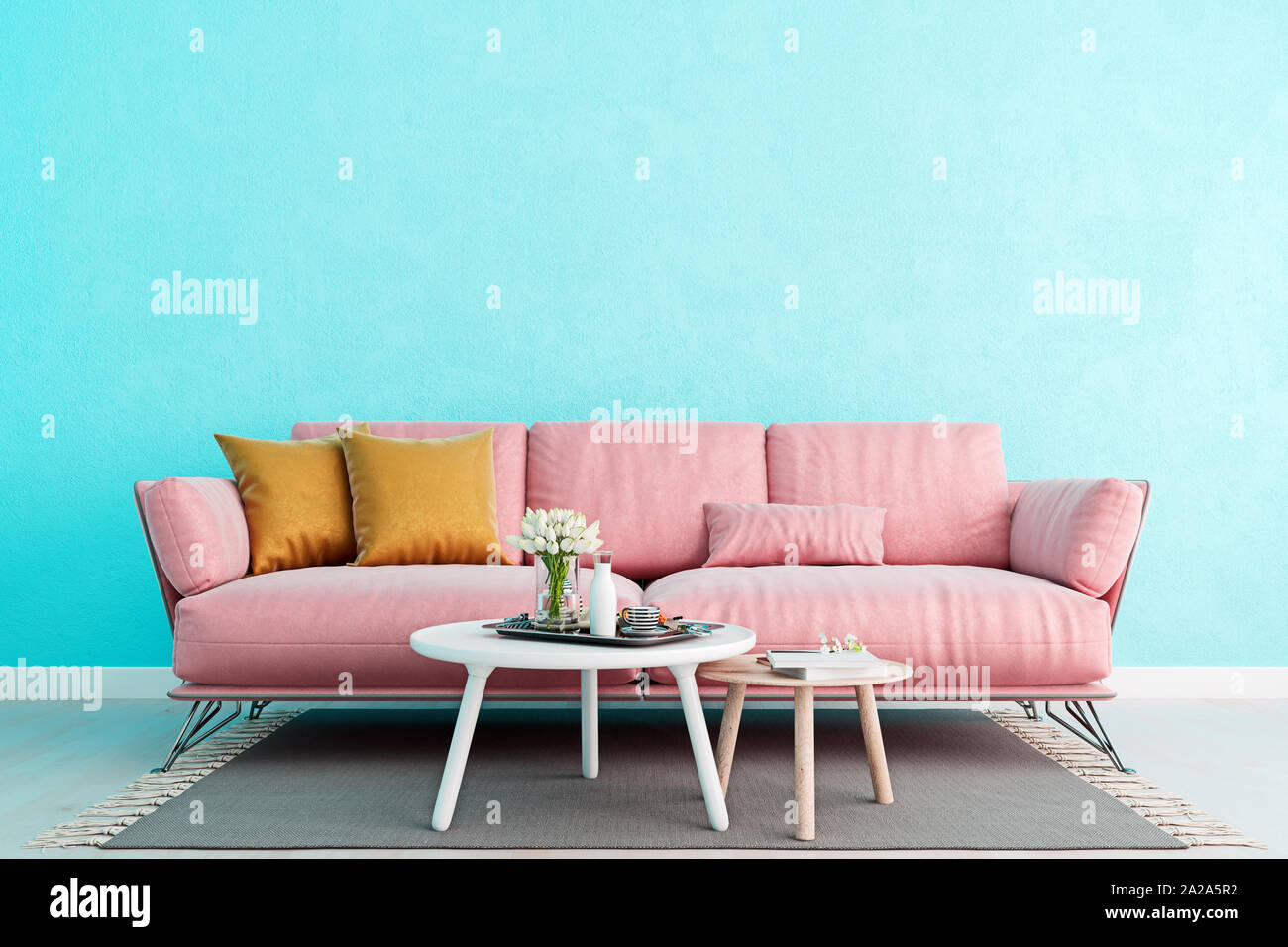 Living room light blue interior wall mock up with millennial pink sofa, empty white wall with free space above on top, 3D render, 3D illustration Stock Photo