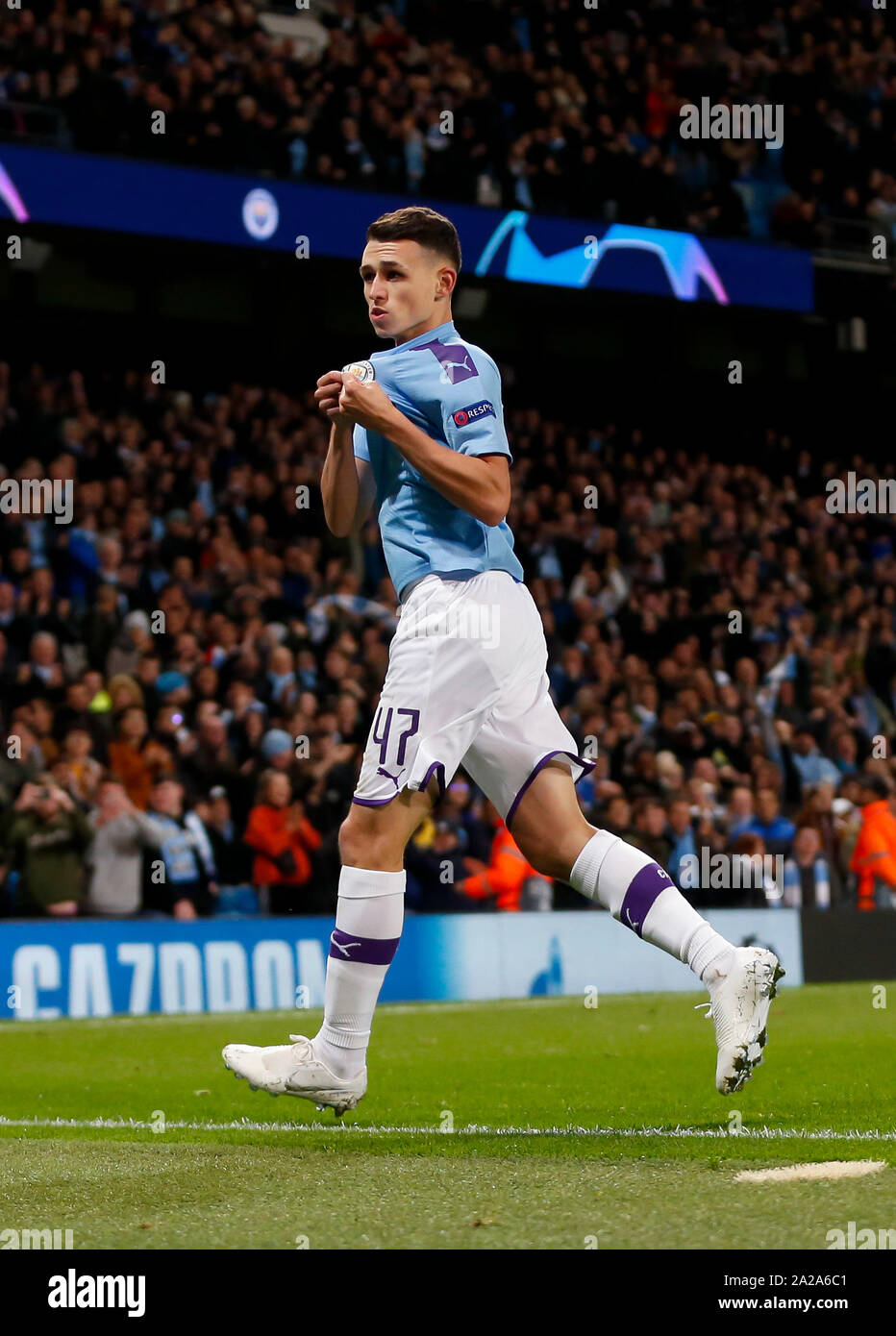 Manchester. 1st Oct, 2019. Manchester City's Phil Foden celebrates scoring during the UEFA Champions League Group C match between Manchester City and Dinamo Zagreb in Manchester, Britain on Oct. 1, 2019. Credit: Han Yan/Xinhua/Alamy Live News Stock Photo
