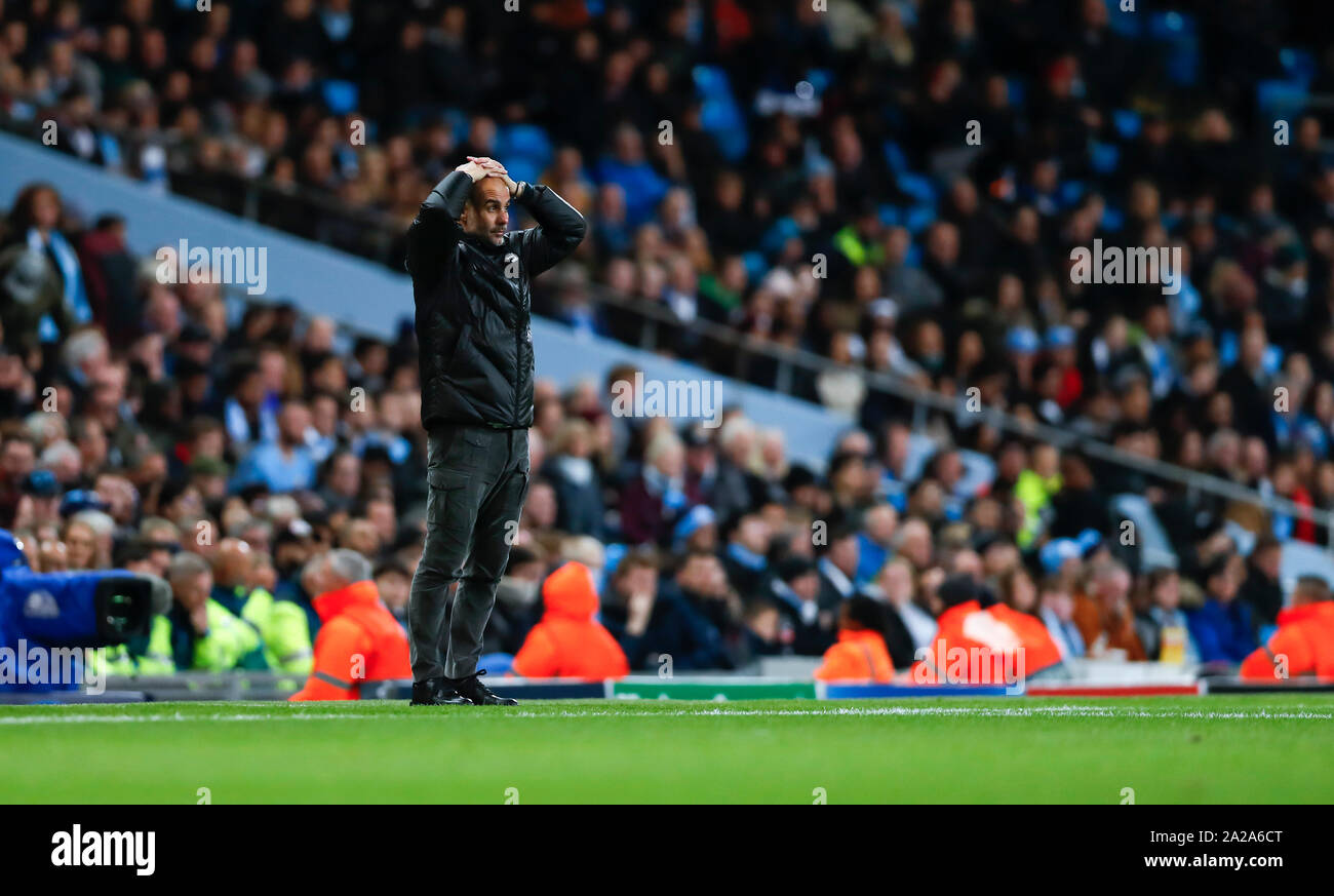 Manchester. 1st Oct, 2019. Manchester City manager Josep Guardiola is seen during the UEFA Champions League Group C match between Manchester City and Dinamo Zagreb in Manchester, Britain on Oct. 1, 2019. Credit: Han Yan/Xinhua/Alamy Live News Stock Photo