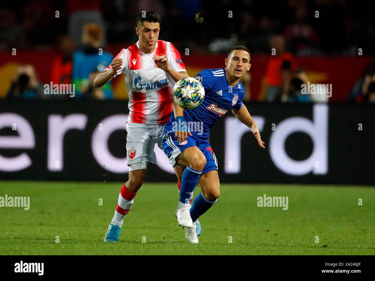 Belgrade. 1st Oct, 2019. Crvena Zvezda's Mateo Garcia (L) vies with  Olympiacos' Daniel Podence during the UEFA Champions League Group B  football match between Crvena Zvezda and Olympiacos in Belgrade, Serbia on