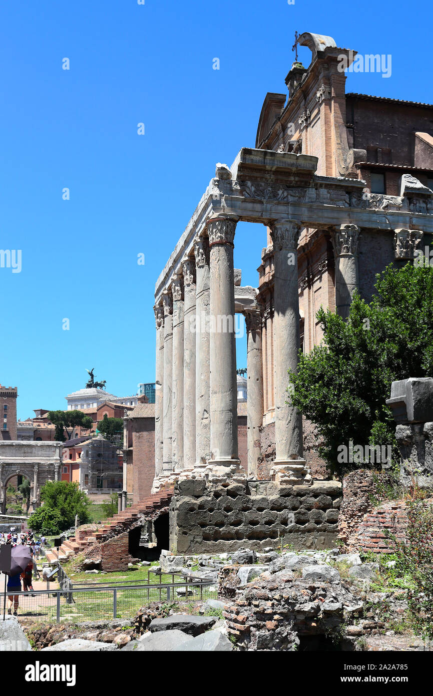 Archeological Remains in the Roman Forum: The Temple of Antoninus and Faustina Stock Photo