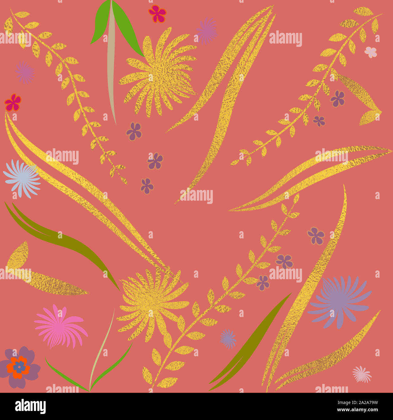 Hand drawn floral backdrop. Golden metallic foil surface. Floral template for cards, backdrop, invitation, decorations & greetings. Spring theme card. Stock Photo