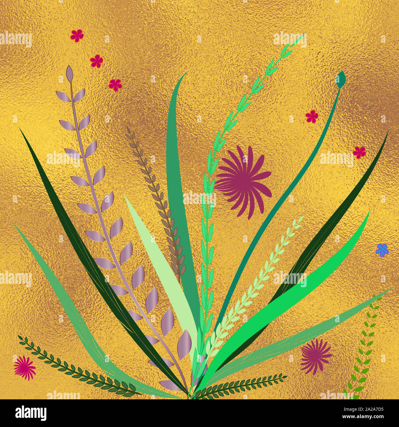 Hand drawn floral backdrop. Golden metallic foil surface. Floral template for cards, backdrop, invitation, decorations & greetings. Spring theme card. Stock Photo