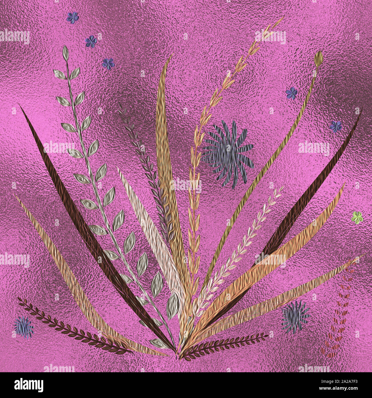 Hand drawn floral backdrop. Golden metallic foil surface. Floral template for cards, backdrop, invitation, decorations & greetings. Spring theme card. Stock Photo