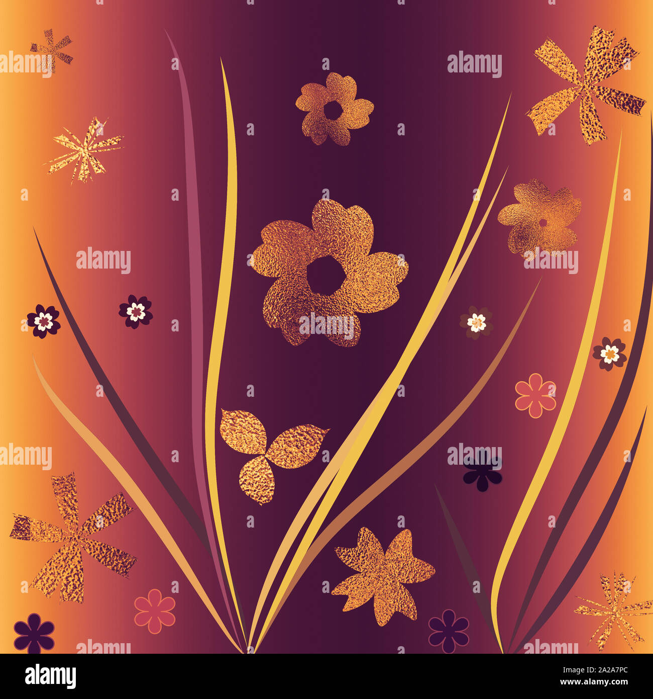 Hand drawn floral backdrop. Golden metallic foil surface. Floral template for cards, backdrop, invitation, decorations & greetings. Spring theme card. Stock Photo