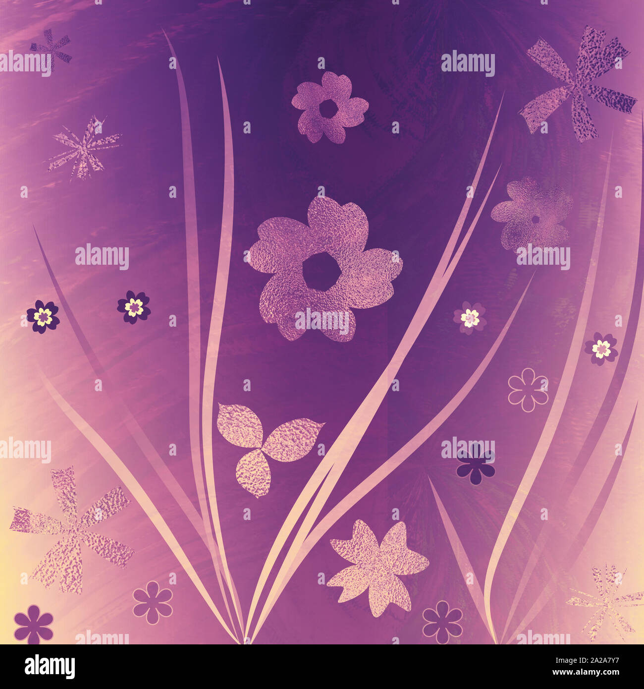 Hand drawn floral backdrop. Golden metallic foil surface. Floral template for cards, backdrop, invitation, decorations & greetings. Spring theme card. Stock Photo