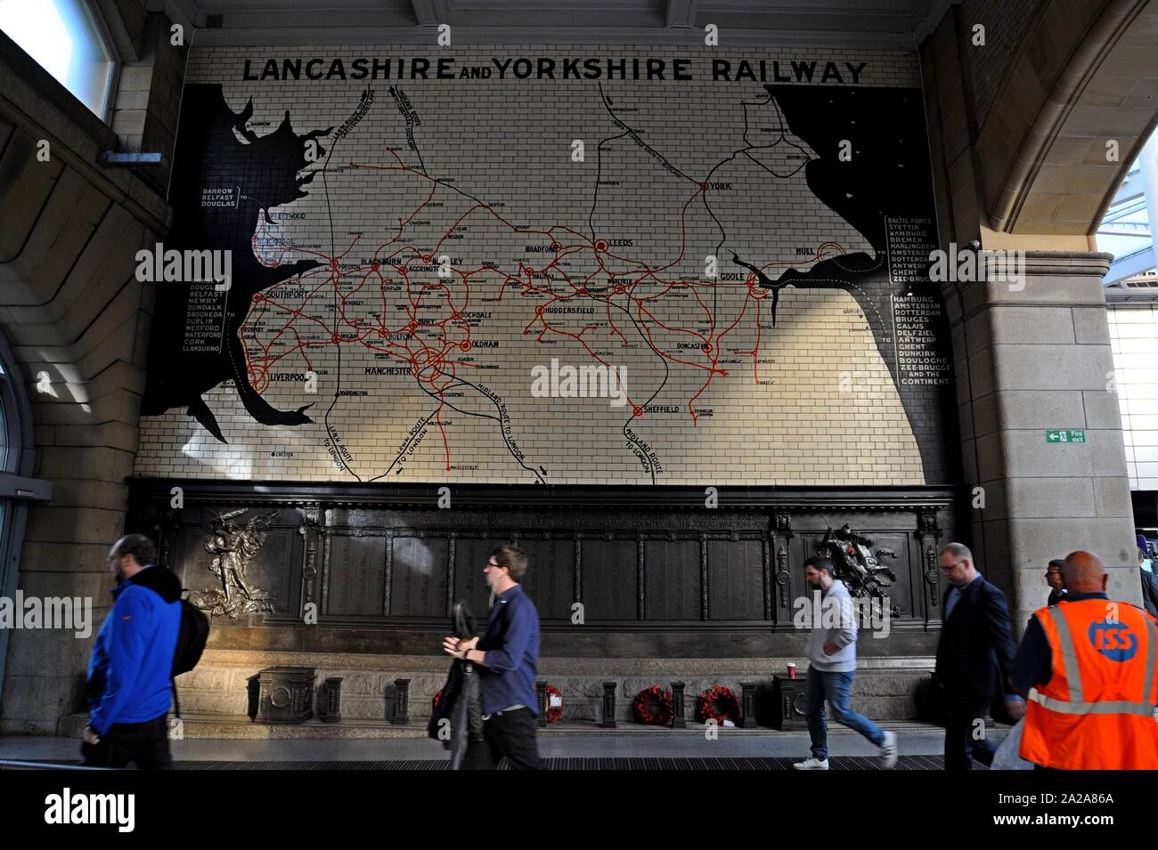 A large tiled wall map of the Lancashire and Yorkshire Railway at Manchester Victoria Station, UK Stock Photo