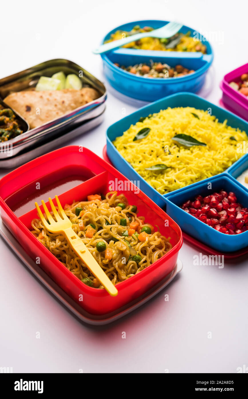 group of Lunch Box / Tiffin for Indian kids, showing variety or multiple  option or combination of healthy food for your school going children Stock  Photo - Alamy