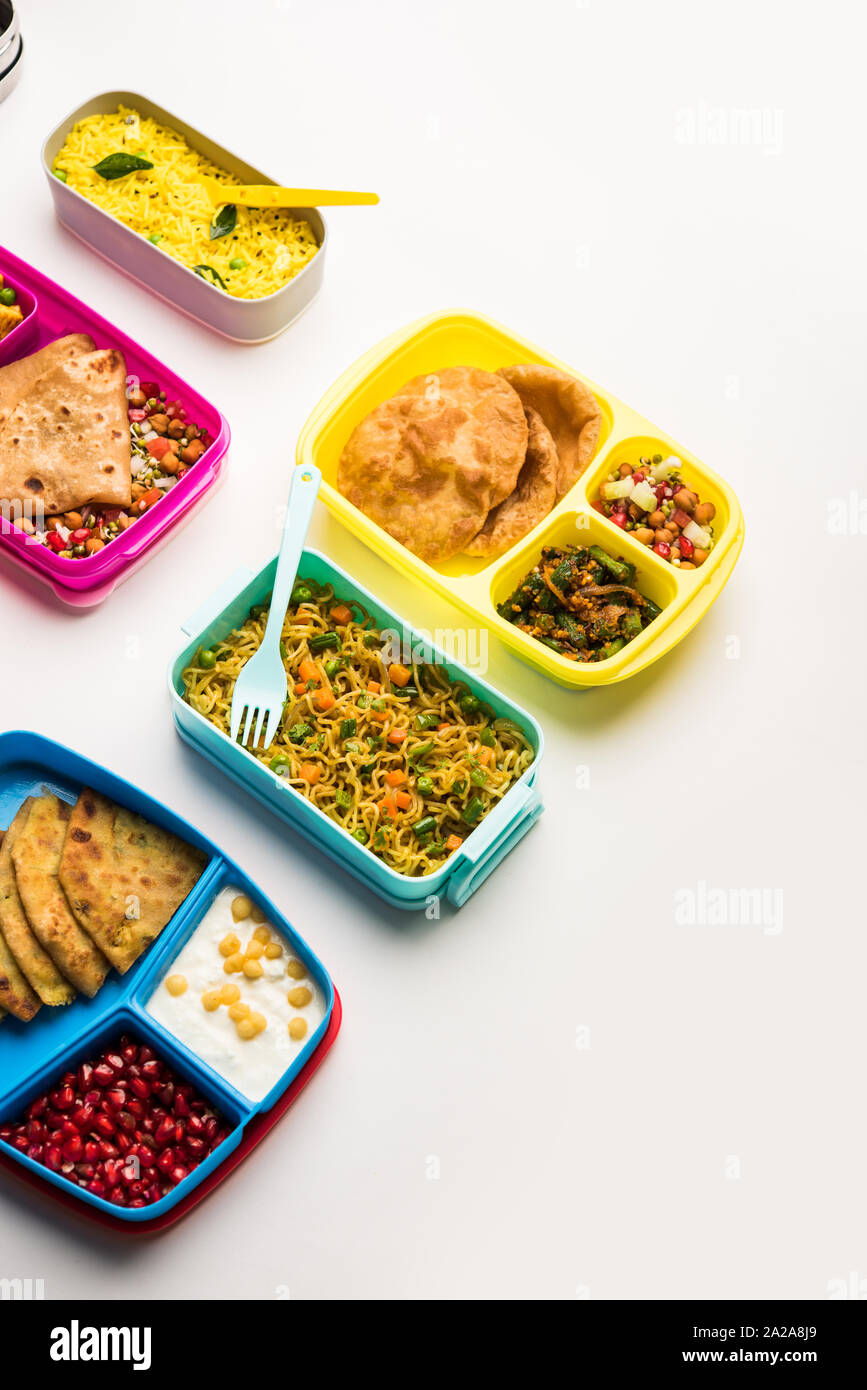 group of Lunch Box / Tiffin for Indian kids, showing variety or