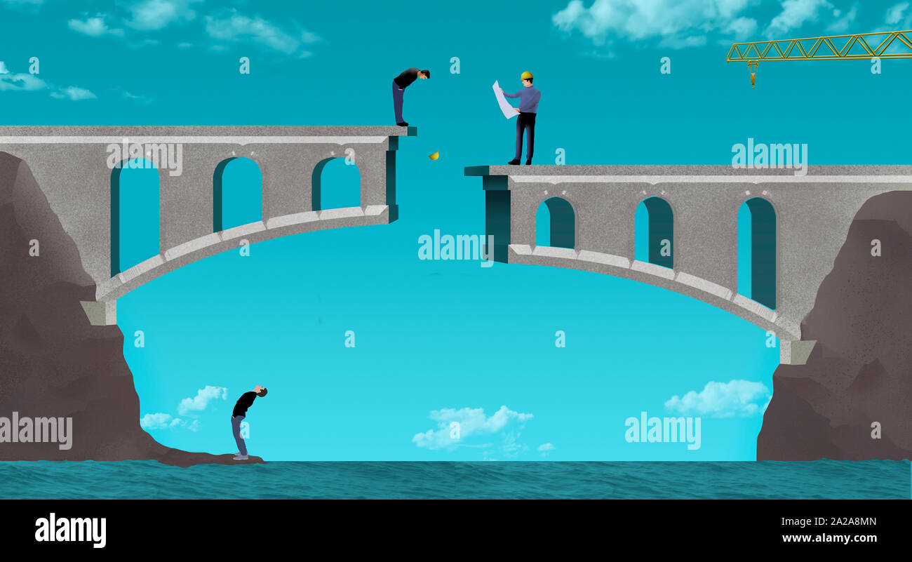 Engineers standing on ends of bridge sections that don't line up Stock