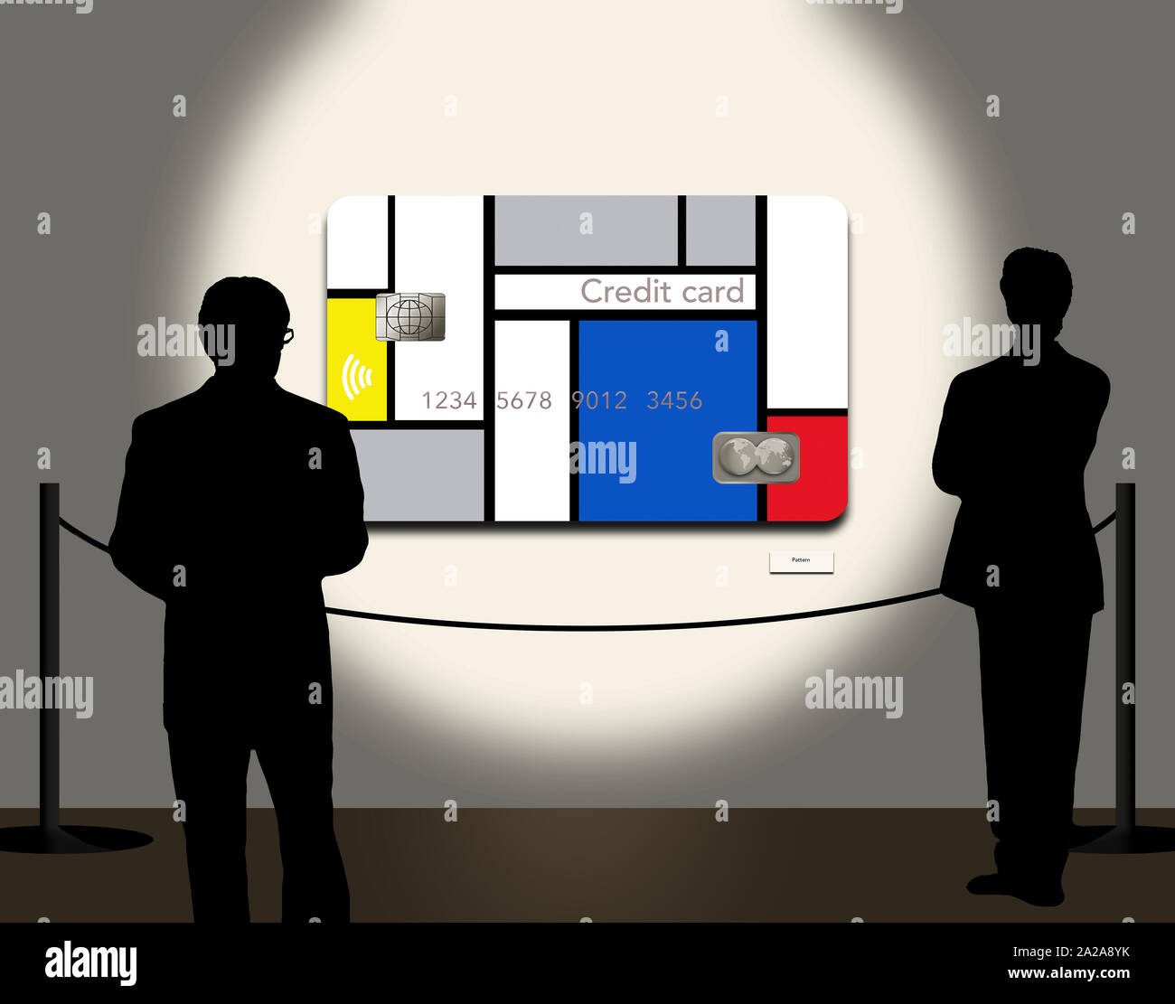 Silhouettes of two men looking at Mondrian's style credit card in gallery Stock Photo