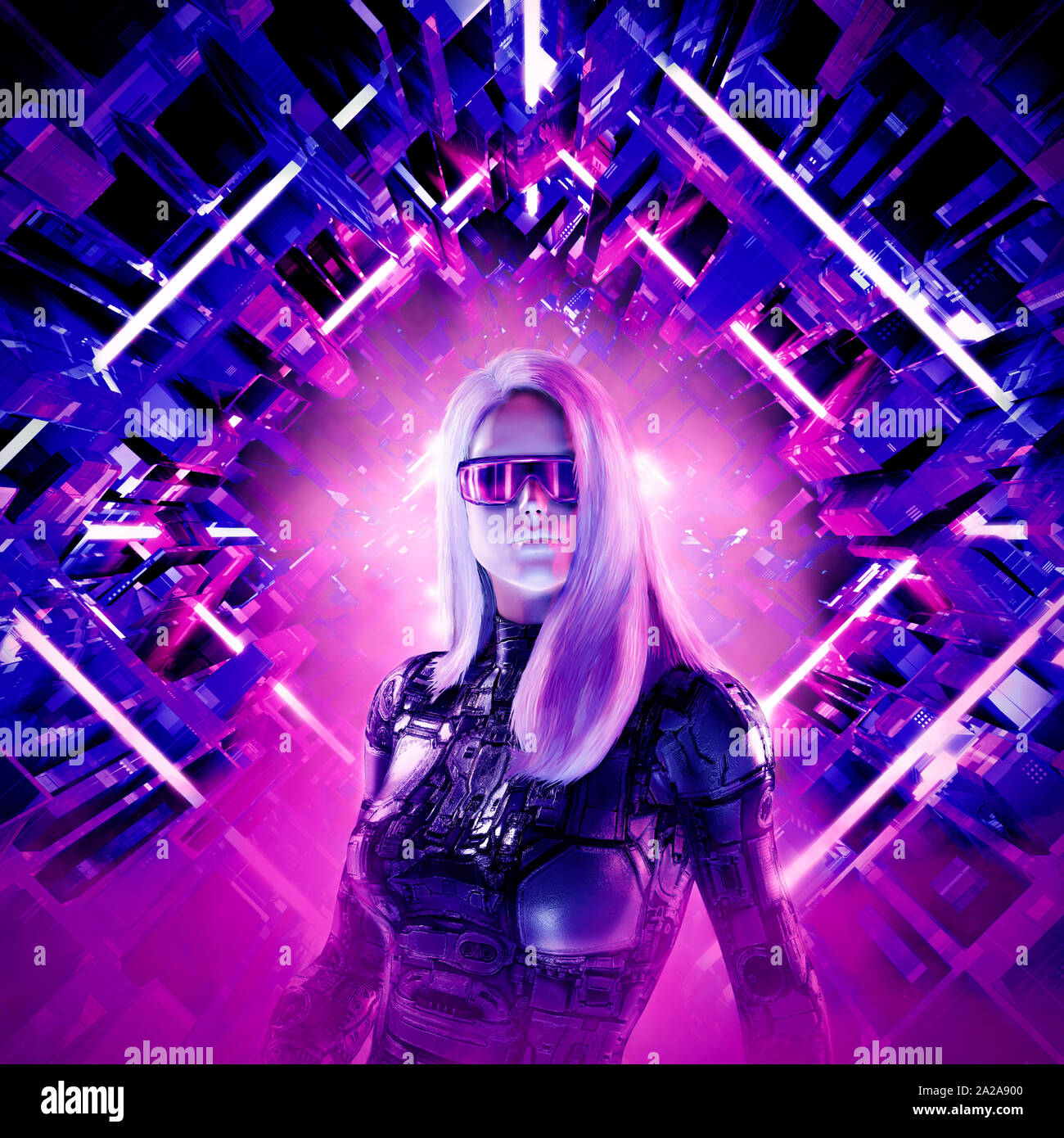 Cyberpunk female heroine / 3D illustration of beautiful blond woman with sunglasses in futuristic neon lit corridor Stock Photo