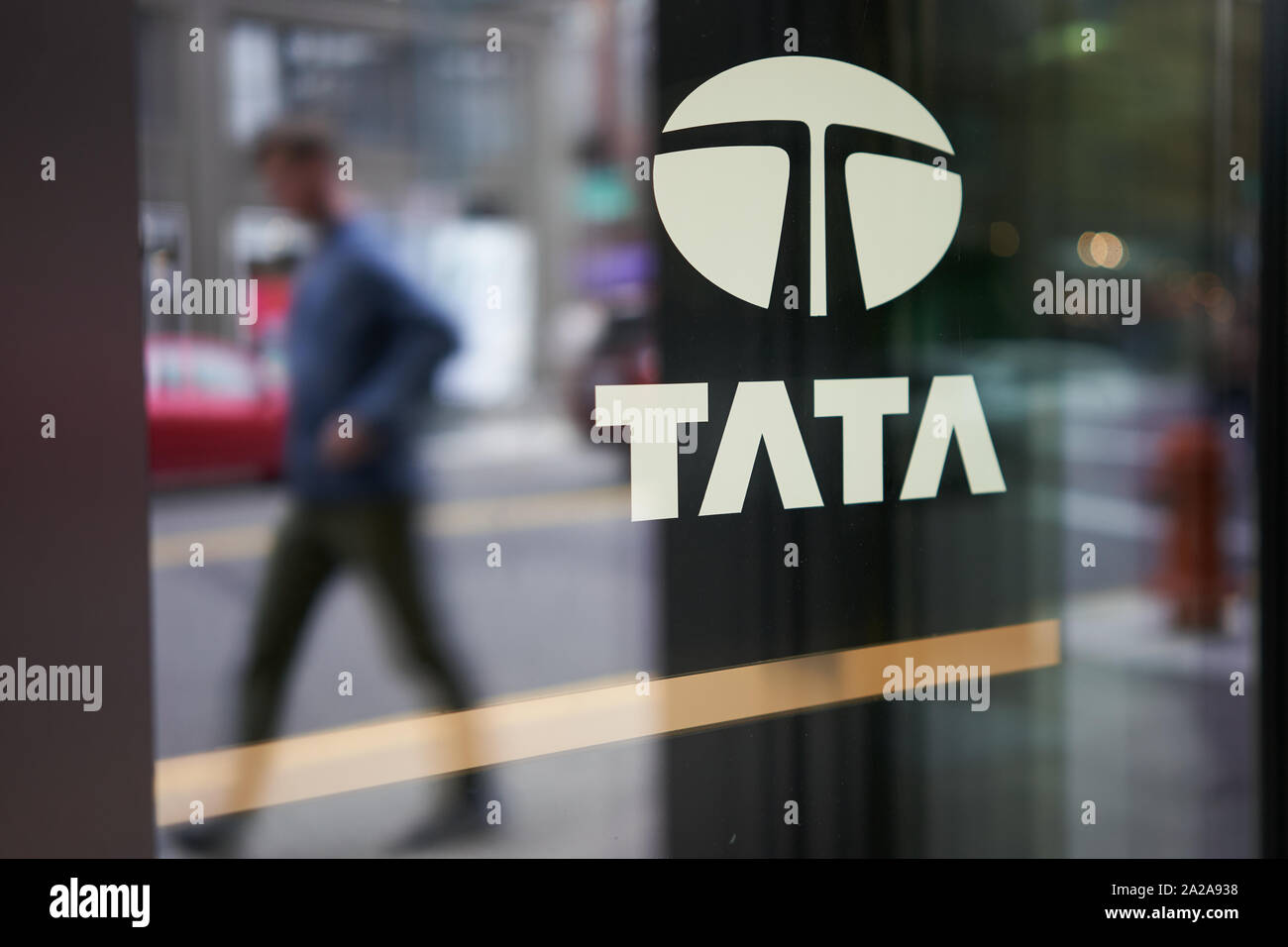 Portland, Oregon, USA - Sep 27, 2019: The TATA logo at the entrance to Indian multinational conglomerate holding company Tata Group's Portland Office. Stock Photo