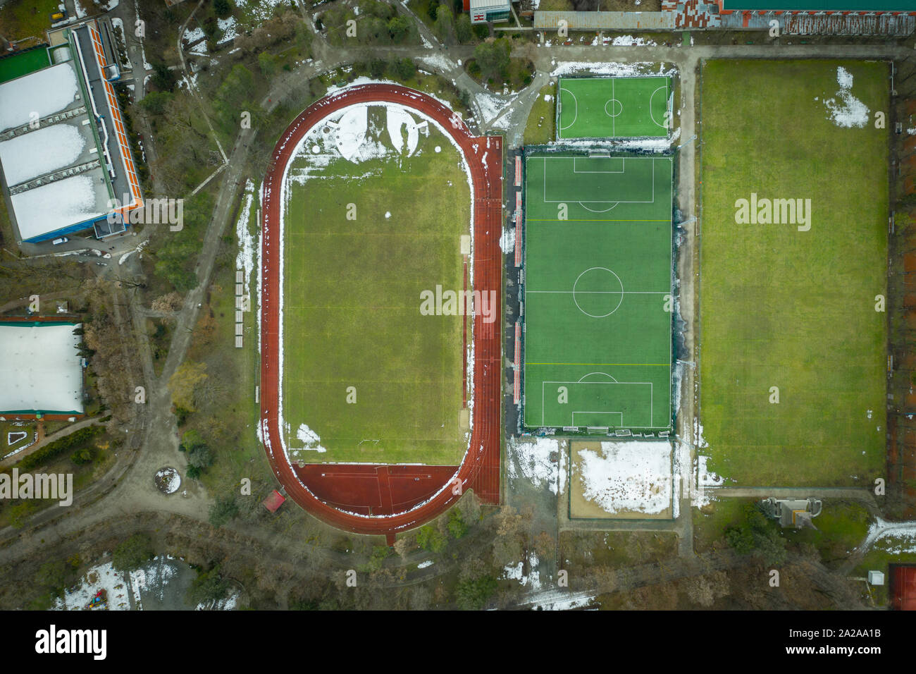 Aerial view of athletics and soccer field from a drone Stock Photo - Alamy