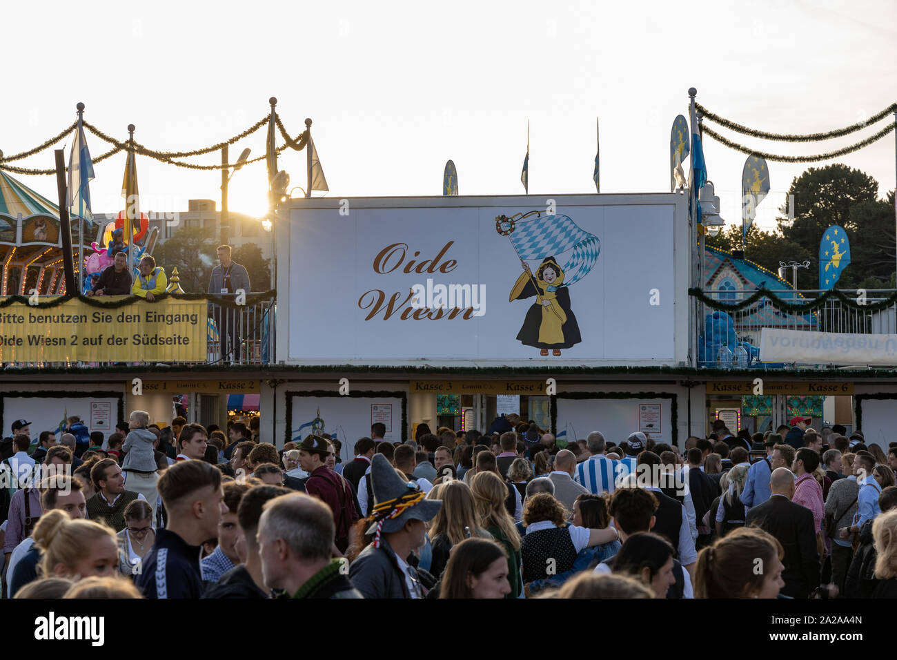 Munich, Germany, 2019 September 19: Aerial view of tourist and locals in front of the entrance of the Oide Wiesn. The Oide Wiesn is a port of the Stock Photo