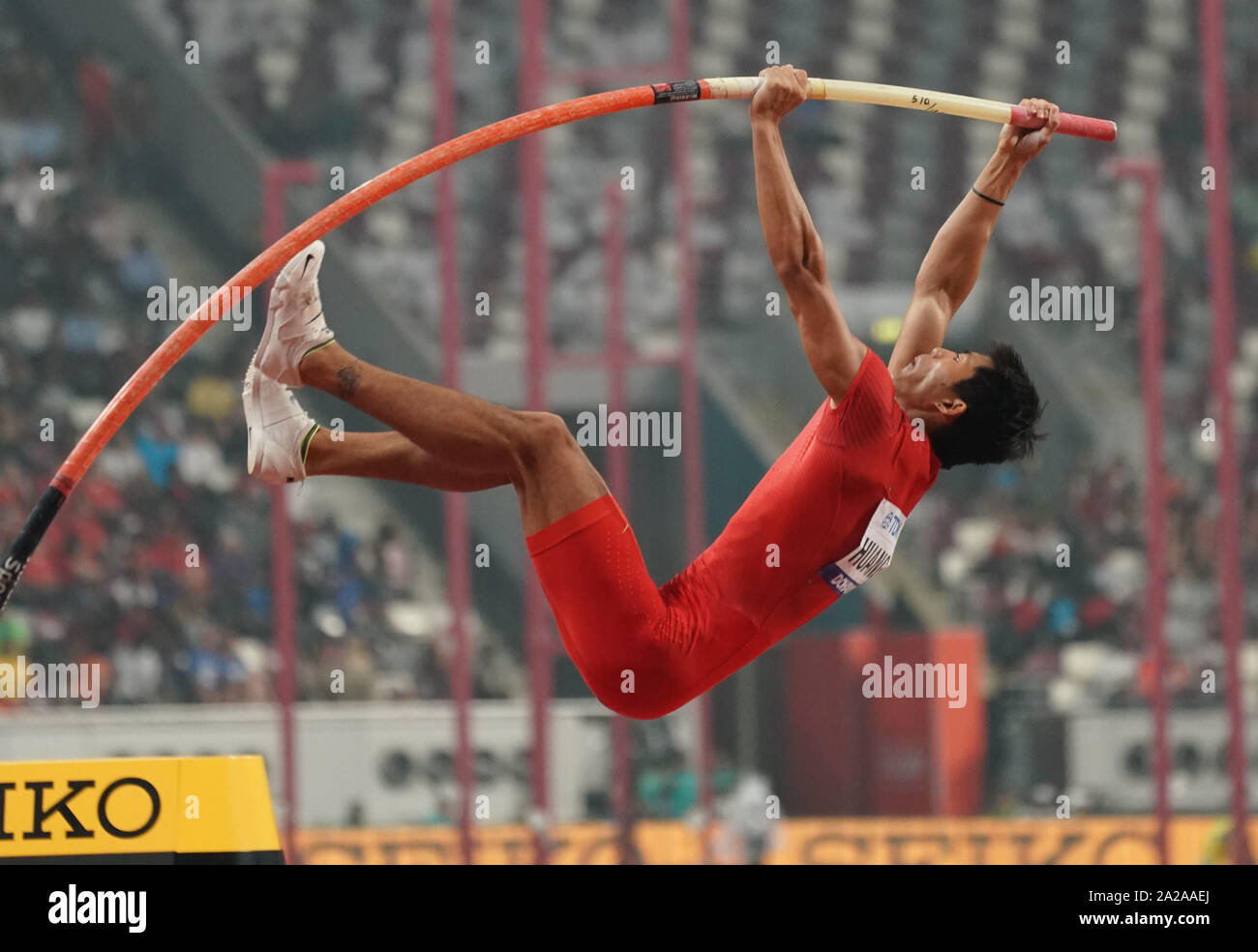 Doha, Qatar. 1st Oct, 2019. Huang Bokai of China competes during the