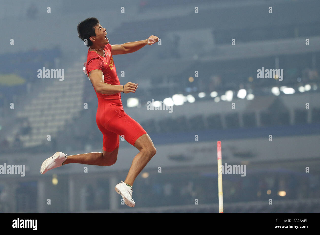 Doha, Qatar. 1st Oct, 2019. China's Huang Bokai competes during the men