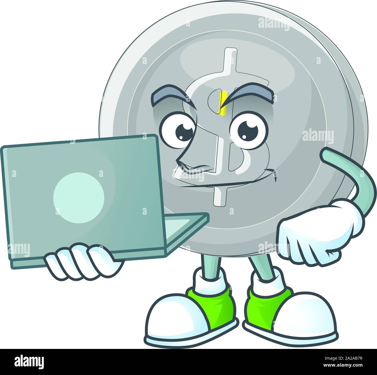 With laptop silver coin cartoon character for currency Stock Vector