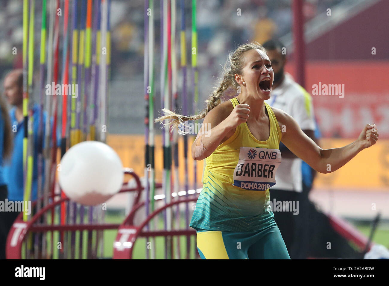 Doha Qatar 1st Oct 2019 Kelsey Lee Barber Of Australia Celebrates Winning The Women S Javelin Throw Final During The Women S Javelin Throw Final At The 2019 Iaaf World Athletics Championships In Doha Qatar