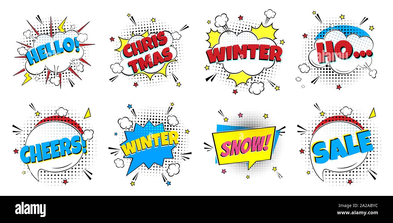 8 Comic Winter Lettering In The Speech Bubbles Comic Style Flat Design. Dynamic Pop Art Vector Illustration Isolated On White Background. Exclamation Stock Vector