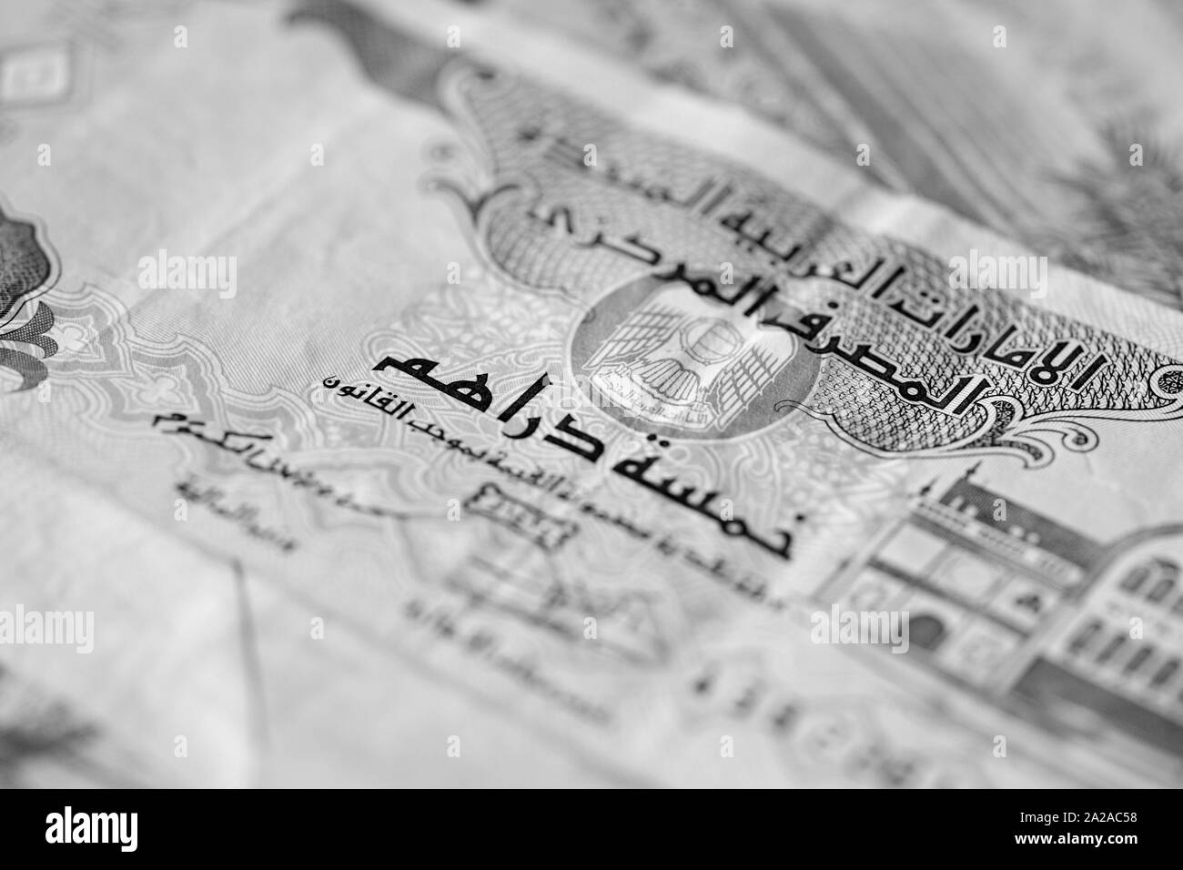 United Arab Emirates dirhams close up. Monochrome money background Stock Photo