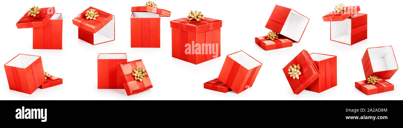 Red gift boxes with gold ribbon bow collection isolated on white ...
