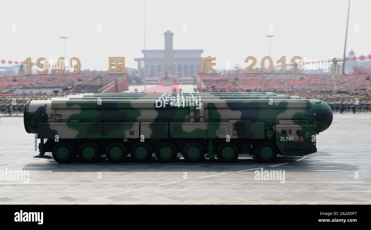 Beijing, China. 1st Oct, 2019. Dongfeng-41 intercontinental strategic nuclear missiles are reviewed in a grand military parade celebrating the 70th anniversary of the founding of the People's Republic of China in Beijing, capital of China, Oct. 1, 2019. Credit: Liu Bin/Xinhua/Alamy Live News Stock Photo