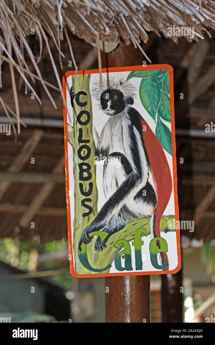 Oil Zanzibar red painting sign for Colobus Cafe, Zanzibar, Unguja Island, Tanzania. Stock Photo