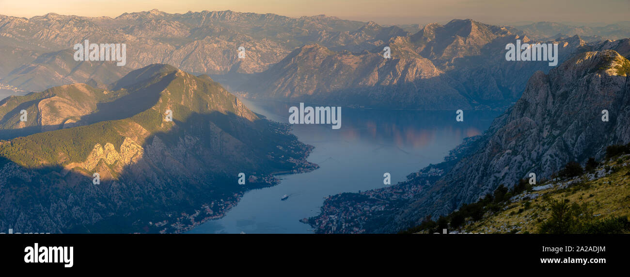Kotor Bay during sunrise - high resolution panorama Stock Photo
