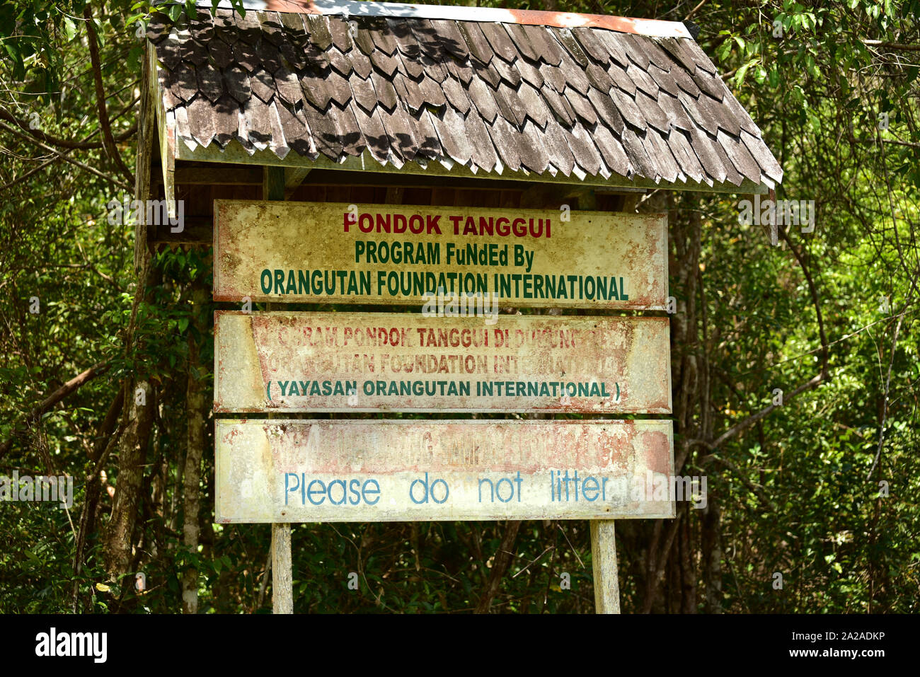 Pondok Tanggui sign at Orangutan Rehabilitation Center. Tanjung Puting National Park. Indonesia Stock Photo