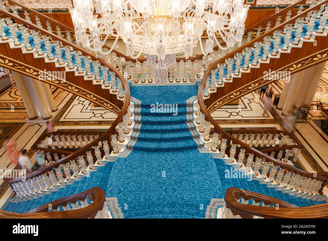 ANTALYA, TURKEY - SEPTEMBER 12, 2019: Main staircase in lobby of Titanic Mardan Palace luxury hotel, the most expensive European's resort. Stock Photo