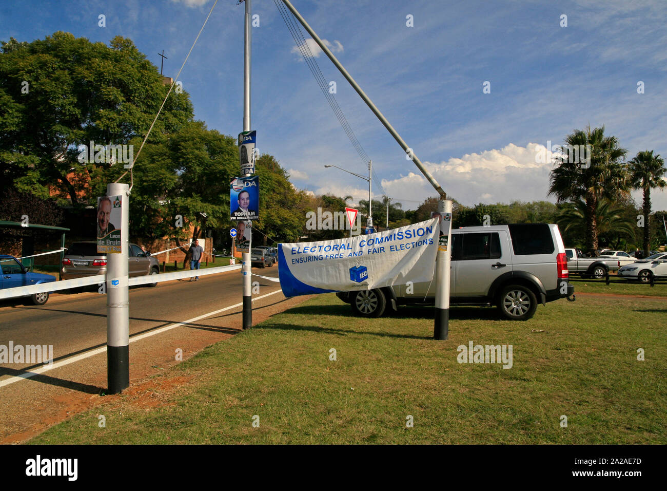 IEC banner outside Lynwood Catholic Church, IEC Pretoria voting station, Border road East, Lynwood, Pretoria, Gauteng Province, South Africa. Stock Photo