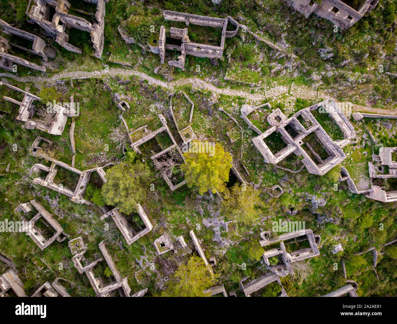 Aerial view over abandoned town looking straight down onto the ruins Stock Photo