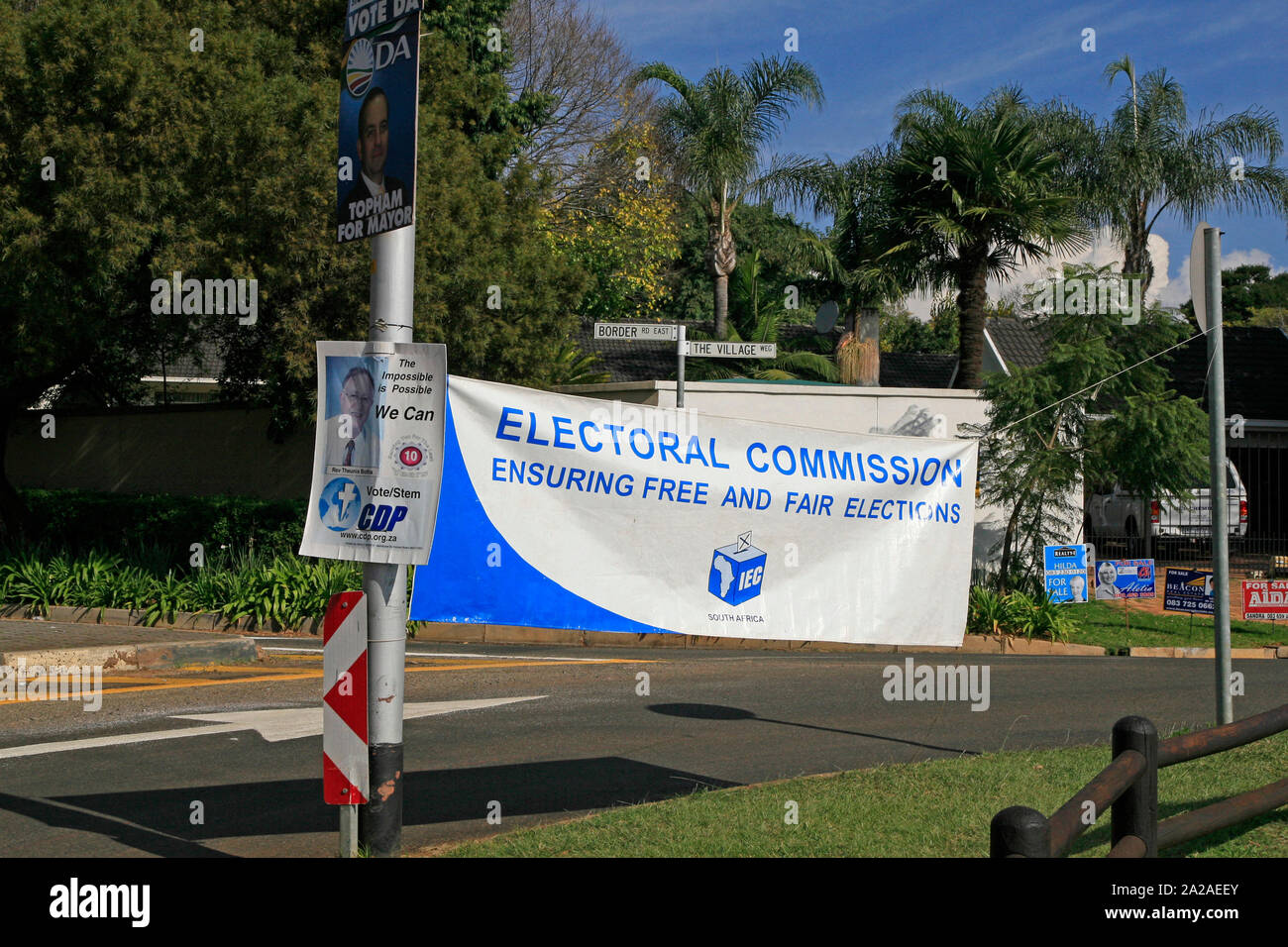 IEC banner outside Lynwood Catholic Church, IEC Pretoria voting station, Border road East, Lynwood, Pretoria, Gauteng Province, South Africa. Stock Photo