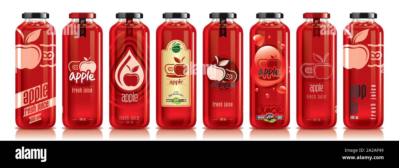 Ready design vector apple juice, fruit glass bottle set Stock Vector